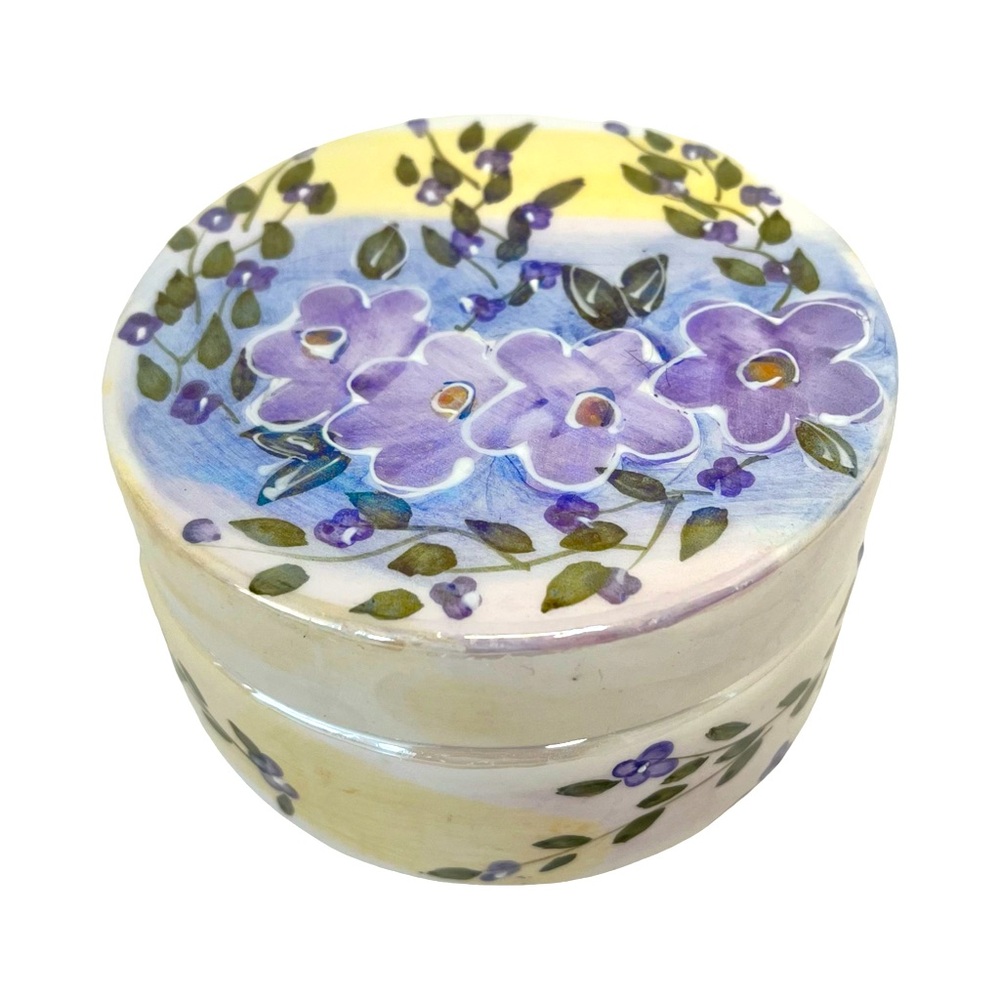 Pearlized Ceramic Trinket Box with Violet Decoration
